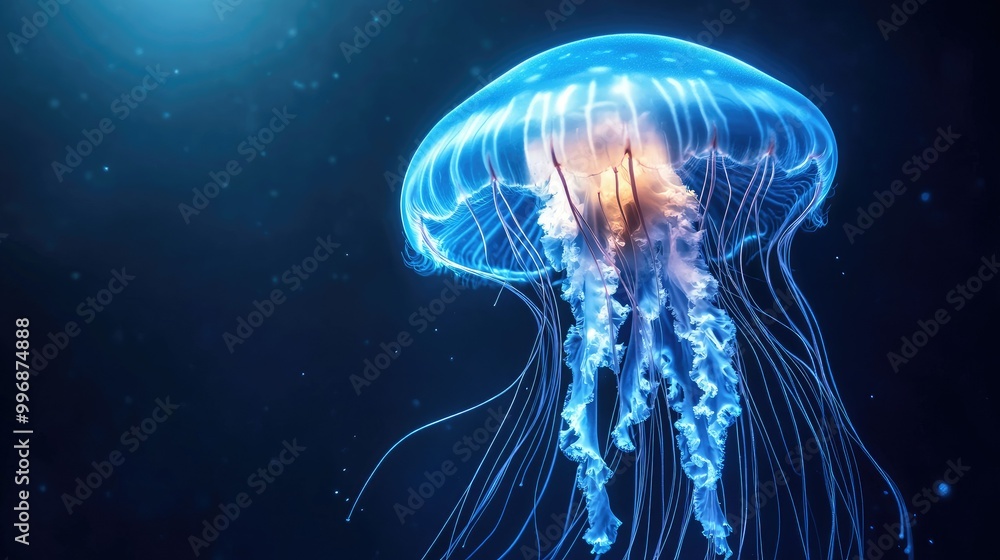 A glowing jellyfish floating in deep blue water, with ample space for text around it. A glowing jellyfish floating in deep blue water, with ample space for text around it.