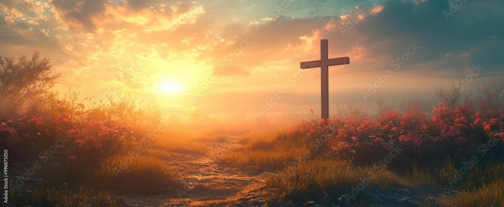 a cross stands solemnly on a hill symbolizing the significance of holy week enveloped in soft sunlight that casts a reflective and contemplative mood a cross stands solemnly on a hill symbolizing the significance of holy week enveloped in soft sunlight that casts a reflective and contemplative mood