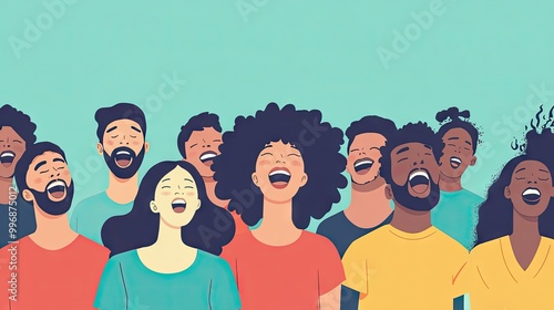 A group of diverse people singing together in harmony, with ample space in the background for text.