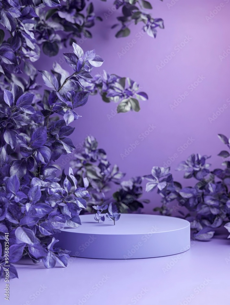 Obraz premium Beautiful background with podium for product demonstration in Purple basil the Pantone color of 2025