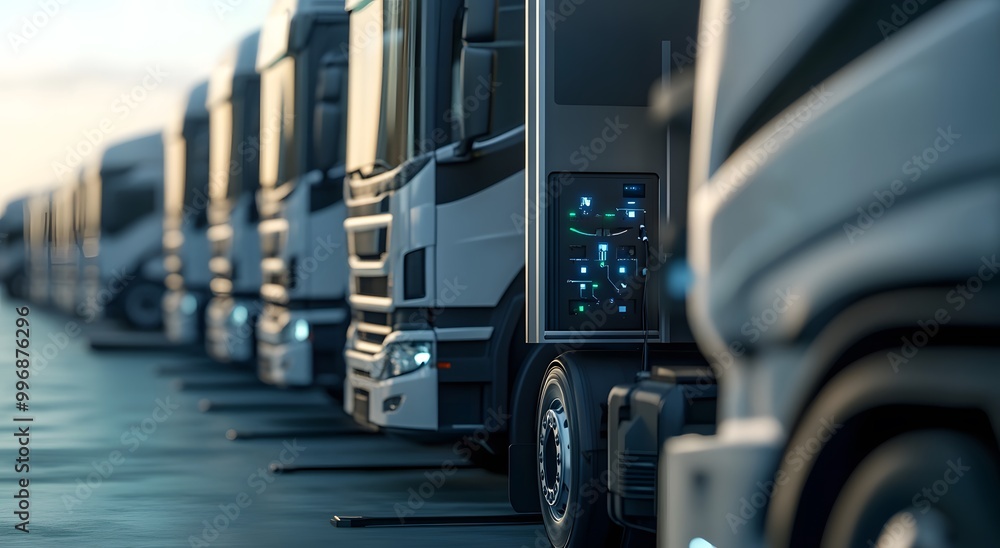 A row of electric trucks charging at the port, showcasing sustainable industrial logistics in action. The vehicles stand next to high-tech charging stations. A row of electric trucks charging at the port, showcasing sustainable industrial logistics in action. The vehicles stand next to high-tech charging stations.