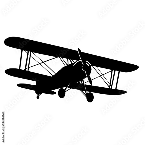 Vintage airplane , flying biplane silhouette vector illustration 