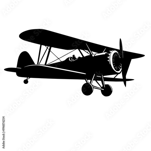 Vintage airplane , flying biplane silhouette vector illustration 