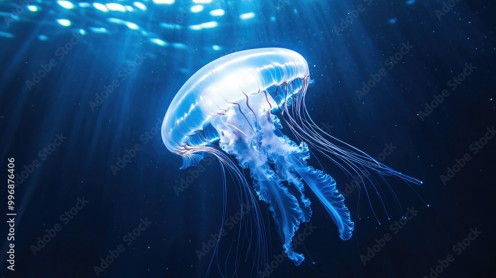 Naklejka premium A jellyfish swimming upward towards the light, with room in the water and sky for text.