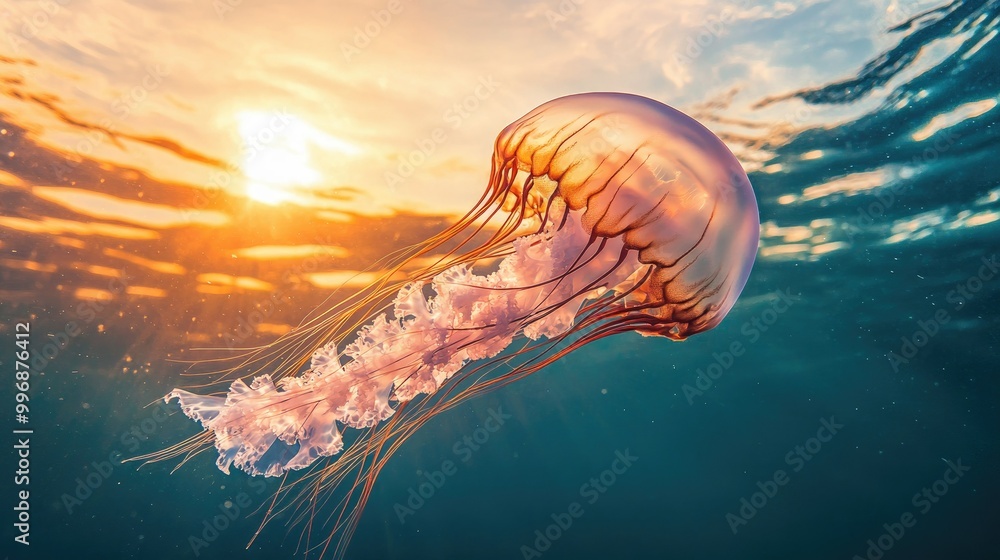 A jellyfish swimming upward towards the light, with room in the water and sky for text. A jellyfish swimming upward towards the light, with room in the water and sky for text.