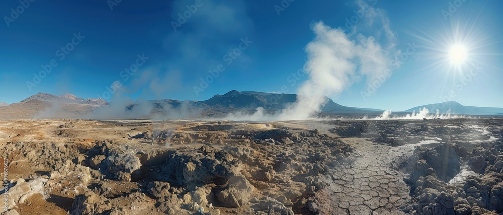 Fototapeta premium Geothermal Steam Emanating from Volcanic Landscape