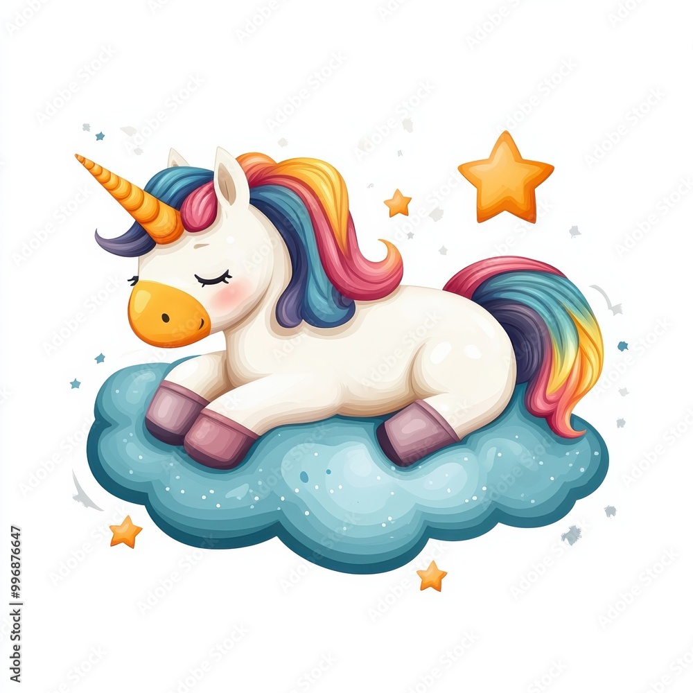 A fluffy baby unicorn with closed eyes, sleeping on a pastel-colored cloud with a small star nearby A fluffy baby unicorn with closed eyes, sleeping on a pastel-colored cloud with a small star nearby