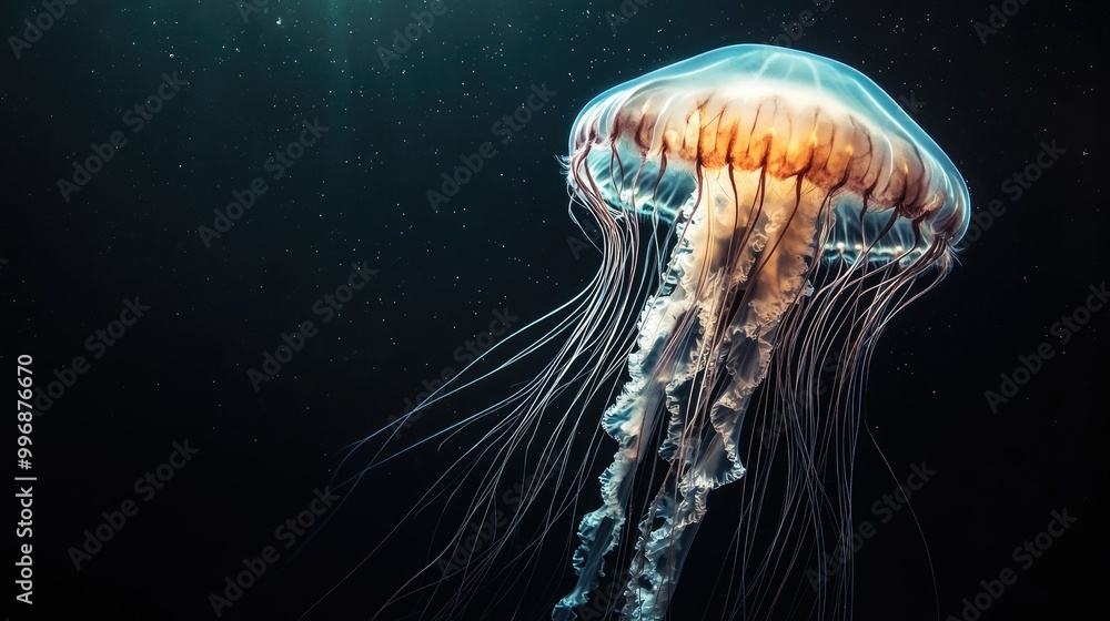 Fototapeta premium A large jellyfish floating majestically through the sea, with a dark background providing copy space. -