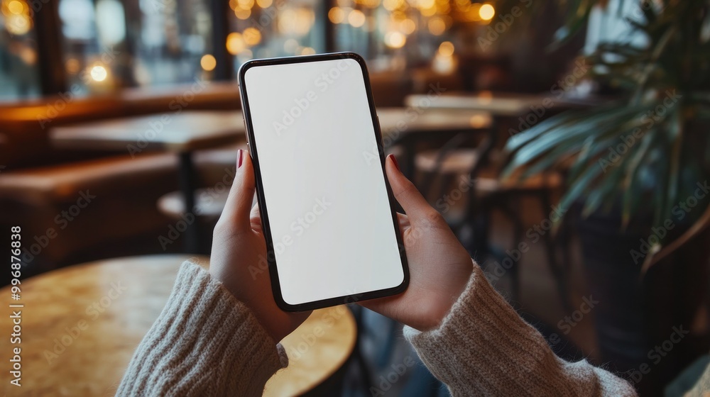 Woman hold a smartphone blank white screen on the cafes