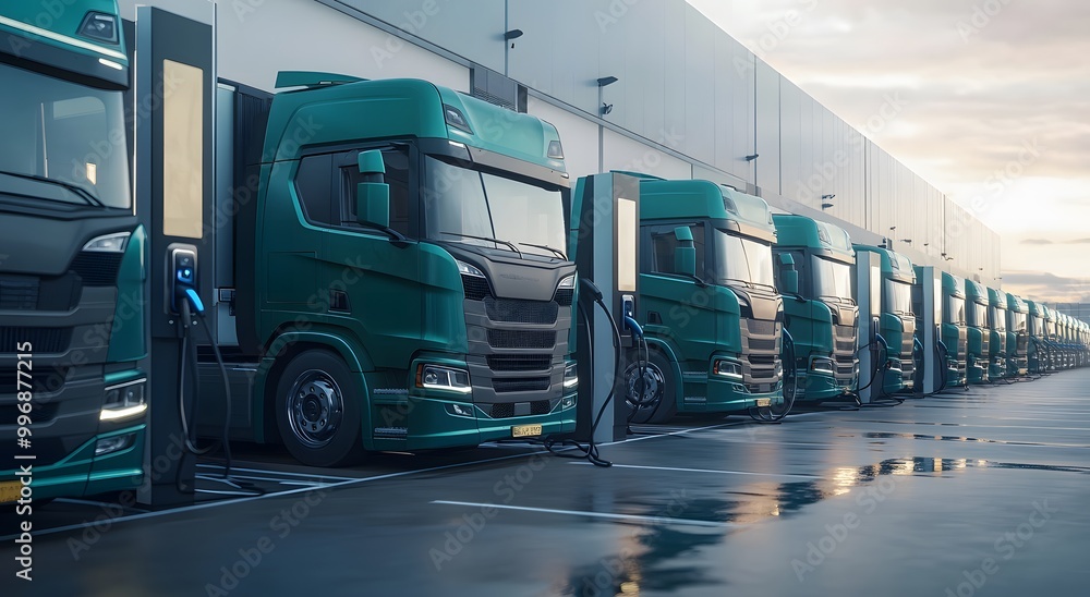 A row of electric trucks charging at the port, showcasing sustainable industrial logistics in action. The vehicles stand next to high-tech charging stations. A row of electric trucks charging at the port, showcasing sustainable industrial logistics in action. The vehicles stand next to high-tech charging stations.