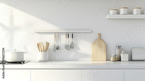 A neatly arranged kitchen island with cooking tools and ample blank space for copy.