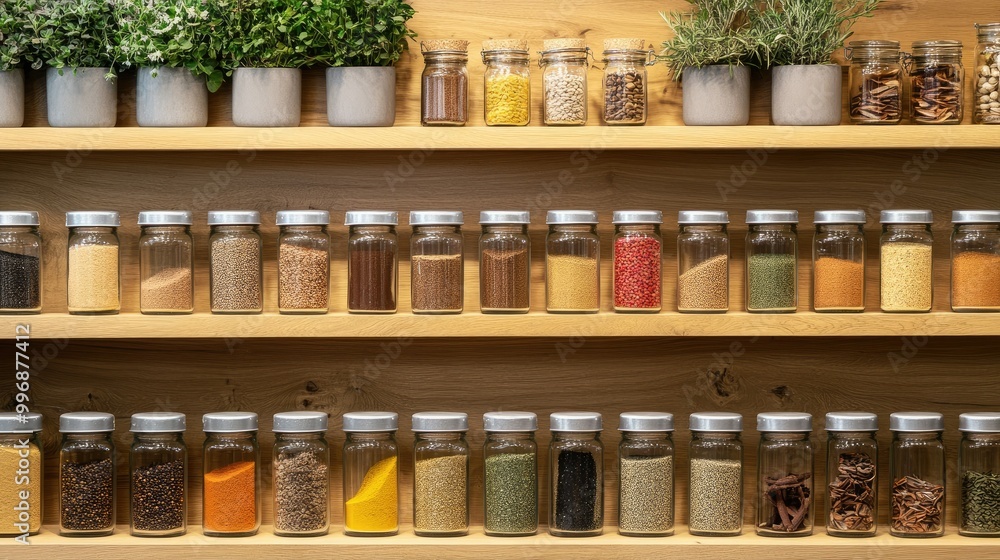 A neatly arranged spice rack with space on the wall or shelf for text. A neatly arranged spice rack with space on the wall or shelf for text.