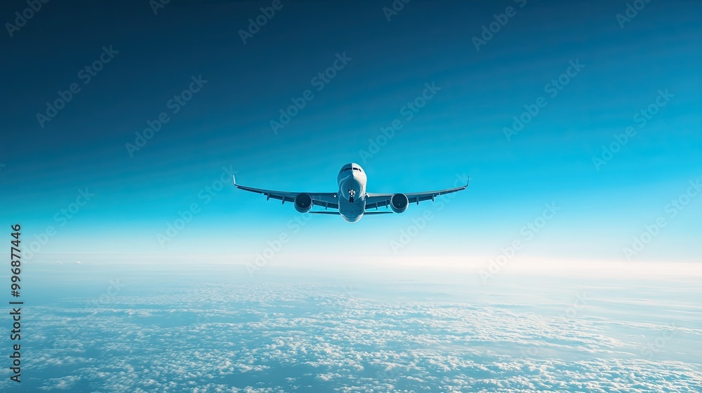 A passenger airplane in mid-flight with a smooth, blue sky providing room for copy. A passenger airplane in mid-flight with a smooth, blue sky providing room for copy.