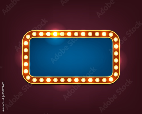 Retro lightbox or vintage advertising board. Vector background for casino or movie, broadway theater or restaurant promotion. Sign or signboard for vegas. Nightclub or club signage.Empty, blank banner