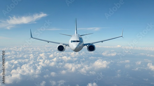 A passenger airplane in mid-flight with a smooth, blue sky providing room for copy.