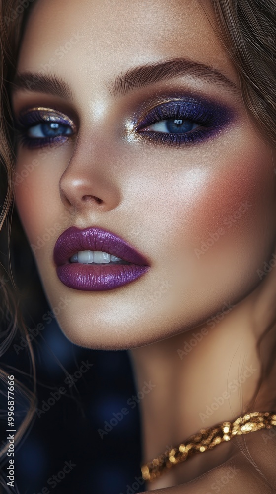 Close-up portrait of a beautiful woman with striking Purple Basil makeup, deep violet eyeshadow Close-up portrait of a beautiful woman with striking Purple Basil makeup, deep violet eyeshadow