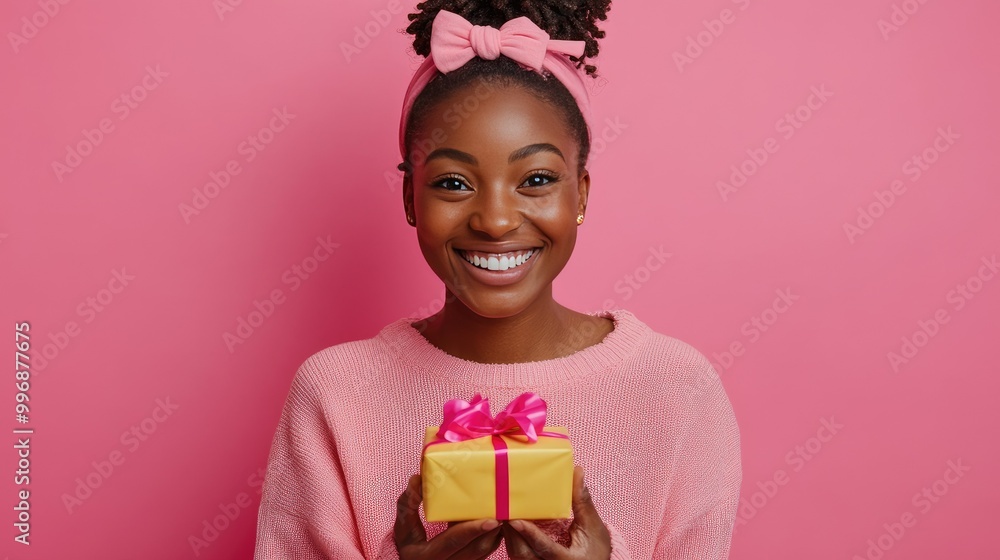 A person giving a bright smile while holding a gift, with a clean backdrop for text. A person giving a bright smile while holding a gift, with a clean backdrop for text.