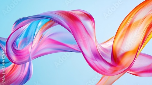 Fluid ribbons in pink, blue, and orange twist across a light blue background, creating dynamic abstract movement. No people.