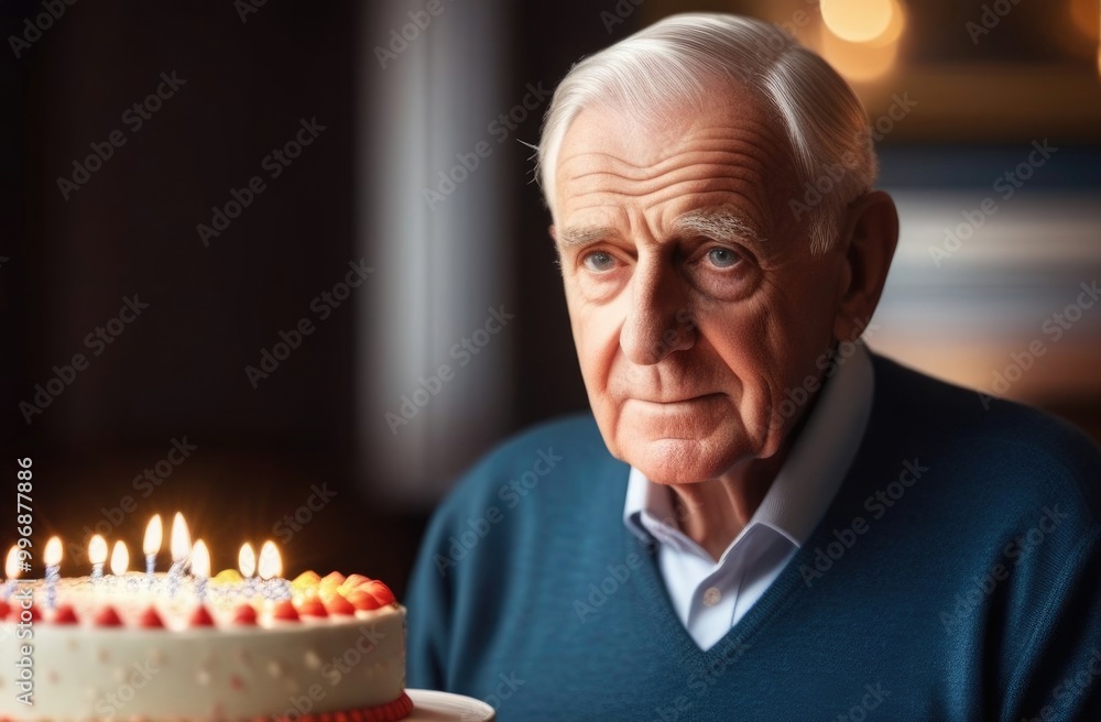 An elderly man celebrates his birthday with a cake and candles in his hands. An elderly man celebrates his birthday with a cake and candles in his hands.
