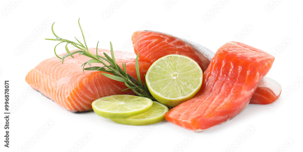 Pieces of fresh salmon, lime and rosemary isolated on white Pieces of fresh salmon, lime and rosemary isolated on white