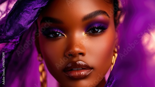 Close-up shot of a model's face in a luxury fashion photoshoot, wearing bold makeup in Purple Basil tones