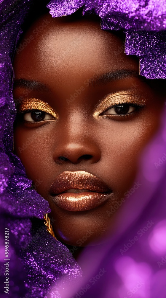 Close-up shot of a model's face in a luxury fashion photoshoot, wearing bold makeup in Purple Basil tones Close-up shot of a model's face in a luxury fashion photoshoot, wearing bold makeup in Purple Basil tones