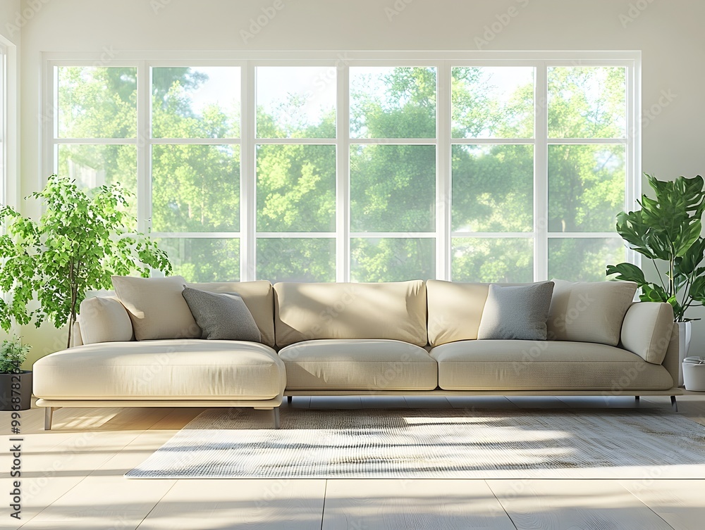 Spacious and airy contemporary living room with a neutral toned wraparound sofa sleek and uncluttered decor with pops of greenery and abundant natural light filtering through broad windows Spacious and airy contemporary living room with a neutral toned wraparound sofa sleek and uncluttered decor with pops of greenery and abundant natural light filtering through broad windows