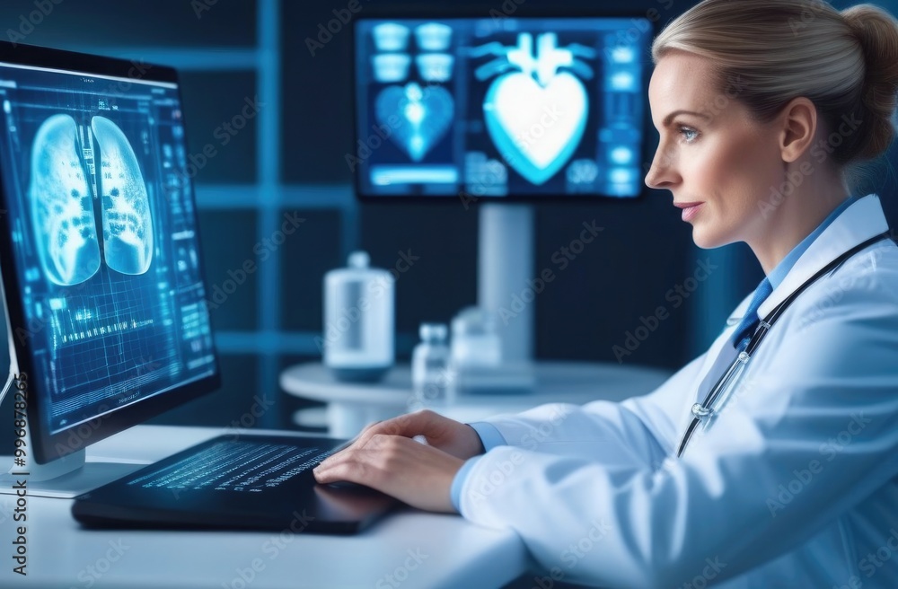 Close-up. A doctor checks the functioning of a person's lungs on a computer monitor. Medical concept. Close-up. A doctor checks the functioning of a person's lungs on a computer monitor. Medical concept.