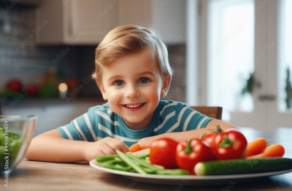 Close-up. Happy child sitting at the kitchen table with a plate of various vegetables. Healthy eating for children. Close-up. Happy child sitting at the kitchen table with a plate of various vegetables. Healthy eating for children.