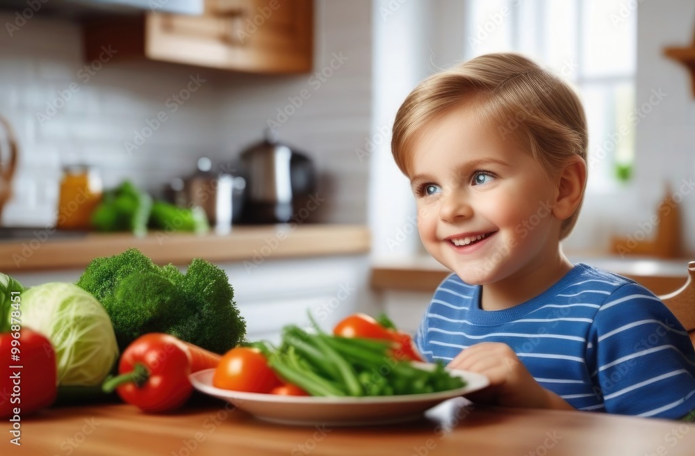 Happy child sitting at the kitchen table with a plate of various vegetables. Healthy eating for children. Happy child sitting at the kitchen table with a plate of various vegetables. Healthy eating for children.