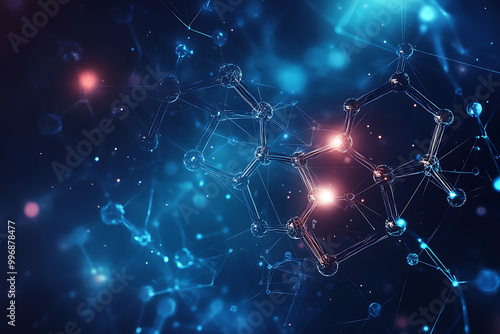 Wallpaper Mural 
An abstract digital background image featuring molecular structures, geometric shapes, and modern data connections, symbolizing the fusion of healthcare and technology, innovation, and modern medicin Torontodigital.ca