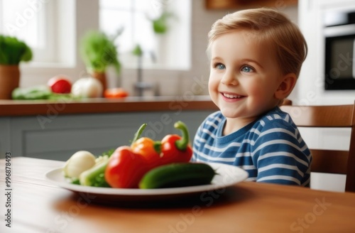 Happy child sitting at the kitchen table with a plate of various vegetables.