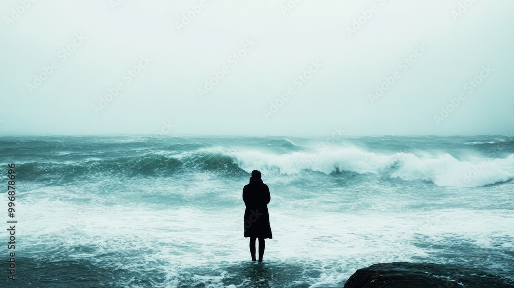 A person standing against a windy, cold sea with a clear horizon and room for text. A person standing against a windy, cold sea with a clear horizon and room for text.