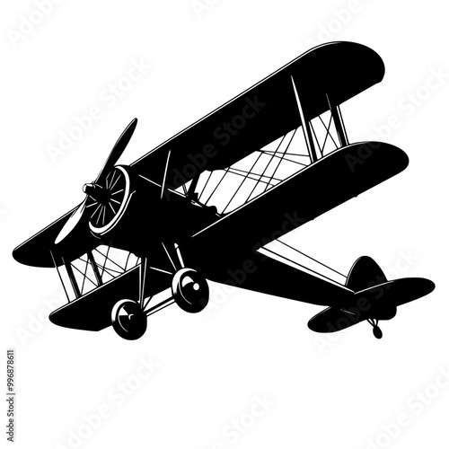 Vintage plane , flying biplane silhouette vector illustration 