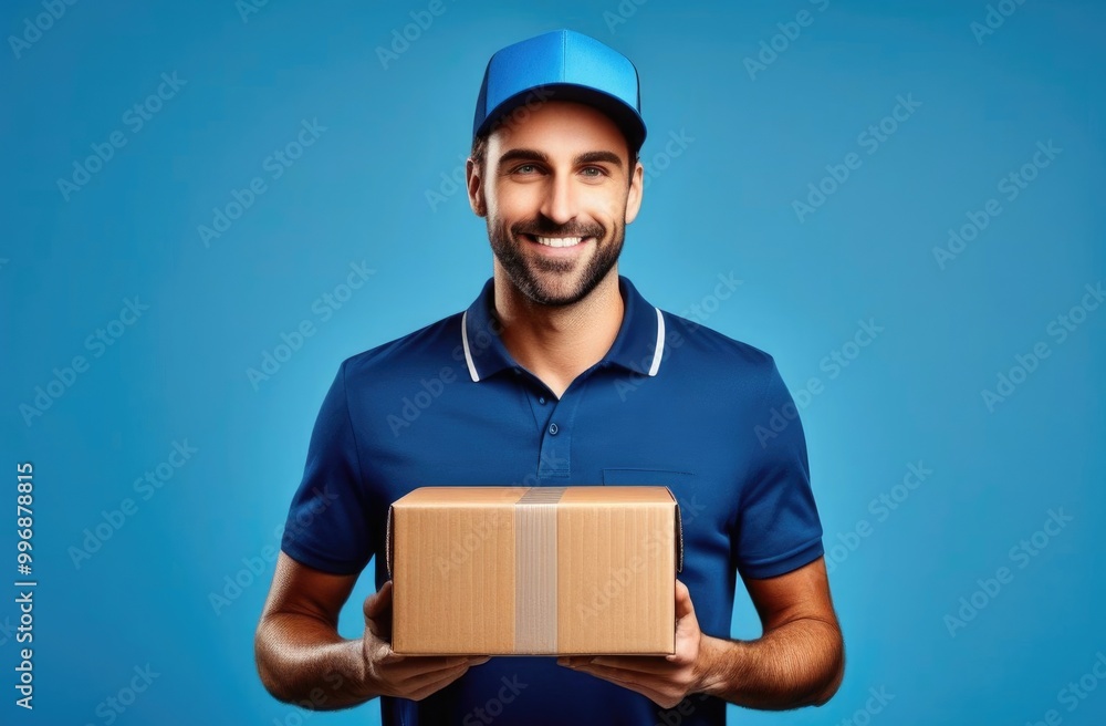Close-up. Delivery man with a cardboard box in his hands on a blue background. Close-up. Delivery man with a cardboard box in his hands on a blue background.
