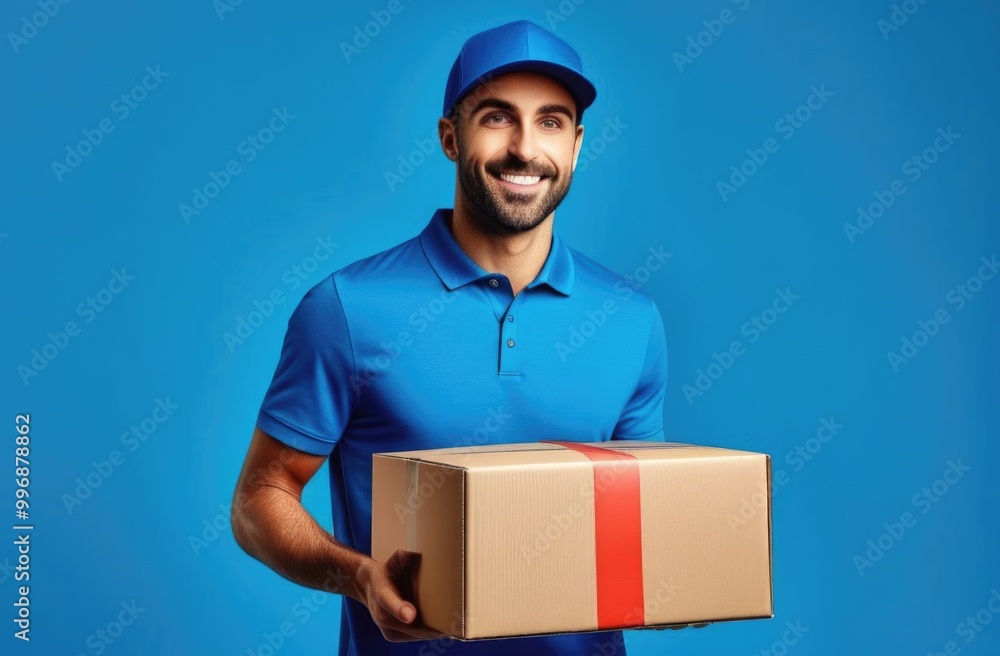 Delivery man with a cardboard box in his hands on a blue background. Concept for delivery and online orders. Delivery man with a cardboard box in his hands on a blue background. Concept for delivery and online orders.