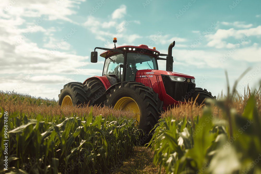 Red tractor working in cornfield on sunny day, agriculture, farming machinery, corn plants, clear sky, farming concept Red tractor working in cornfield on sunny day, agriculture, farming machinery, corn plants, clear sky, farming concept