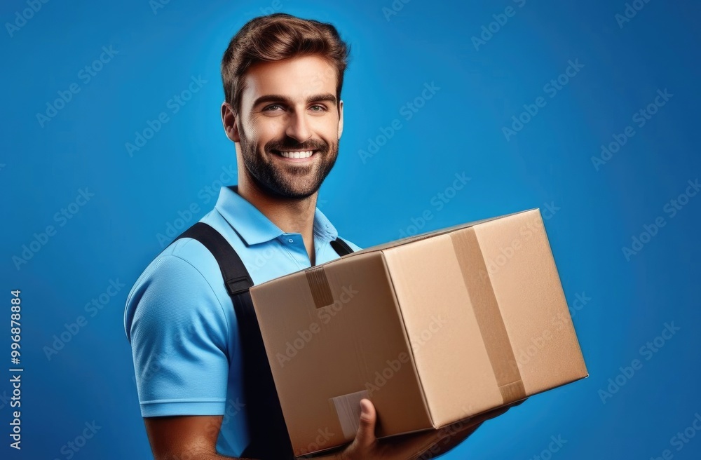 Close-up. Delivery man with a cardboard box in his hands on a blue background. Concept for delivery and online orders. Close-up. Delivery man with a cardboard box in his hands on a blue background. Concept for delivery and online orders.