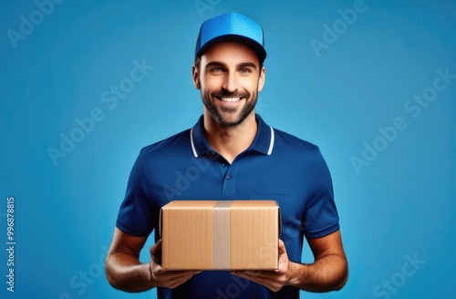 Close-up. Delivery man with a cardboard box in his hands on a blue background.