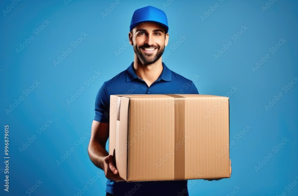 Delivery man with a cardboard box in his hands on a blue background. Delivery man with a cardboard box in his hands on a blue background.