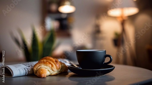 matte black coffee cup and croissant on table with newspaper