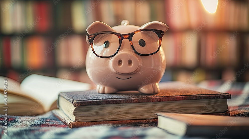 A piggy bank wearing glasses, sitting next to books, symbolizing smart saving, with space for copy. A piggy bank wearing glasses, sitting next to books, symbolizing smart saving, with space for copy.