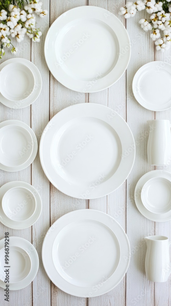 A beautifully arranged modern table setting features white ceramic plates and cups accompanied by cotton flowers, creating a serene and inviting aesthetic for creative designs A beautifully arranged modern table setting features white ceramic plates and cups accompanied by cotton flowers, creating a serene and inviting aesthetic for creative designs