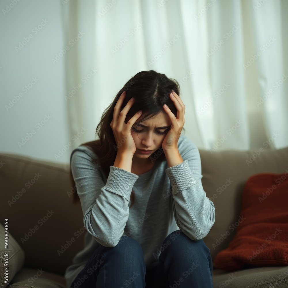 Young woman sitting alone on sofa, catching head, looking down, moment of deep sadness and doubt. Negative emotion and mental distress concepts. Young woman sitting alone on sofa, catching head, looking down, moment of deep sadness and doubt. Negative emotion and mental distress concepts.