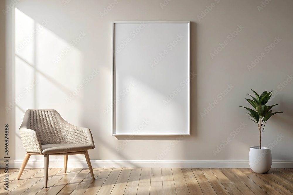 Minimalistic mockup featuring an empty white frame in a bright room with a beige chair and potted plant. Perfect for showcasing artwork or posters in modern interior settings. Minimalistic mockup featuring an empty white frame in a bright room with a beige chair and potted plant. Perfect for showcasing artwork or posters in modern interior settings.