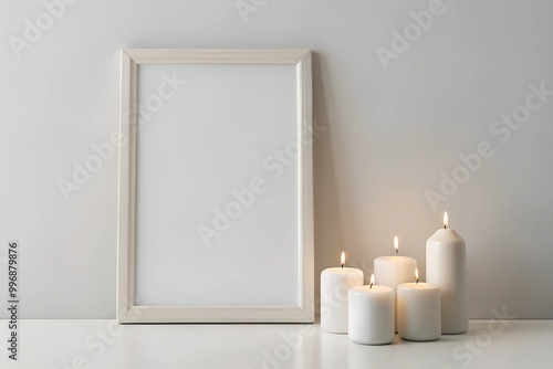 Mockup of an empty white frame with lit candles in a minimalistic setting. Perfect for showcasing artwork or photography with a peaceful, cozy, and serene atmosphere.