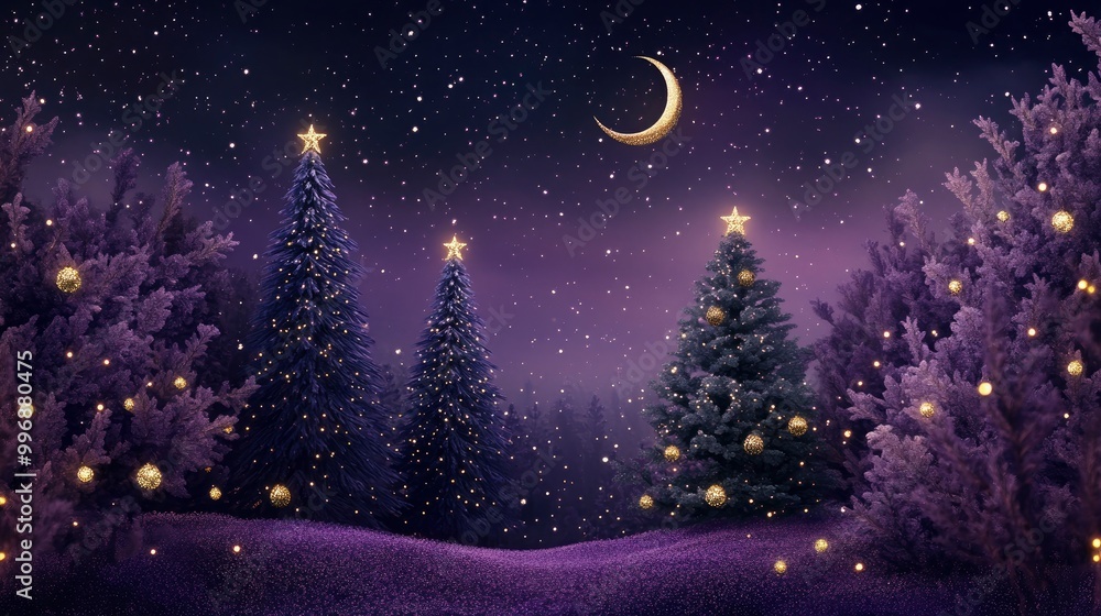 Elegant Christmas night scene with a Purple Basil color backdrop, stylized Christmas trees in deep violet Elegant Christmas night scene with a Purple Basil color backdrop, stylized Christmas trees in deep violet