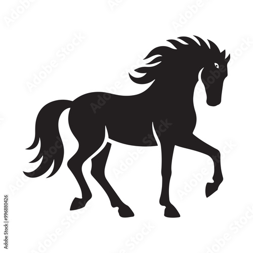 a black and white drawing of a horse with a mane of hair.