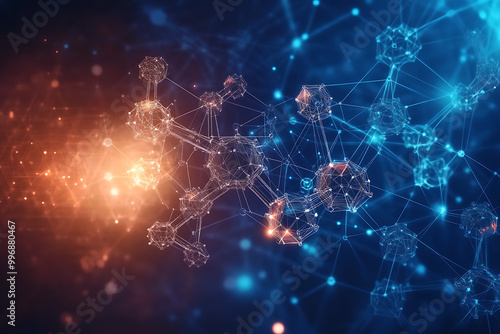  An abstract digital background image featuring molecular structures, geometric shapes, and modern data connections, symbolizing the fusion of healthcare and technology, innovation, and modern medicin