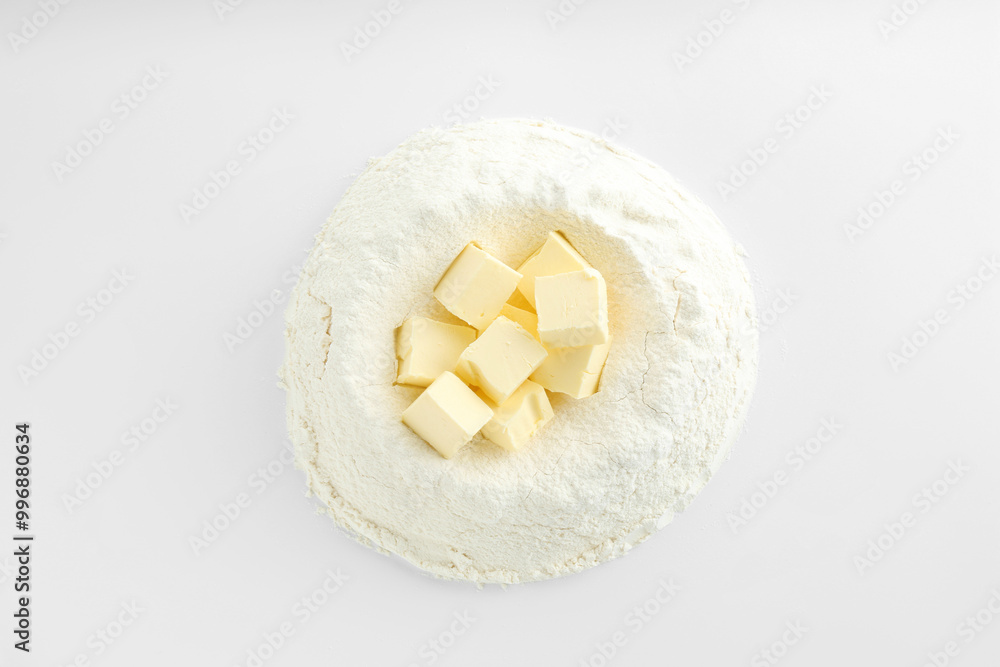 Cooking homemade pie. Flour with butter on white background, top view Cooking homemade pie. Flour with butter on white background, top view